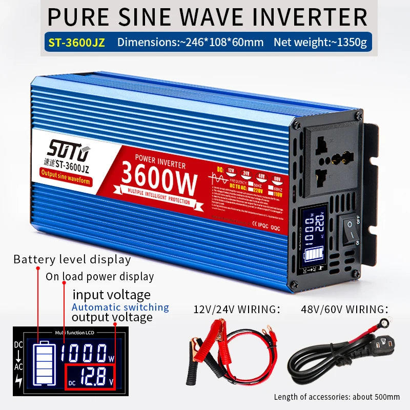 Pure sine wave inverter 24V to 220V 1000W 1800W 2200W 3000W 3600W DC to AC voltage converter 24V 110V 220V mini car power supply