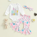 Adorable Baby Girl Easter Outfits with Cute Bunny Print Long Sleeve Romper Flare Pants and Matching Headband - 3 Piece Set