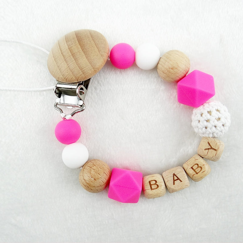 Handmade Free Personalized Name Silicone Wood Pacifier Clips Safe Teething Chain Baby Teether Eco-friendly Dummy Clips Holder