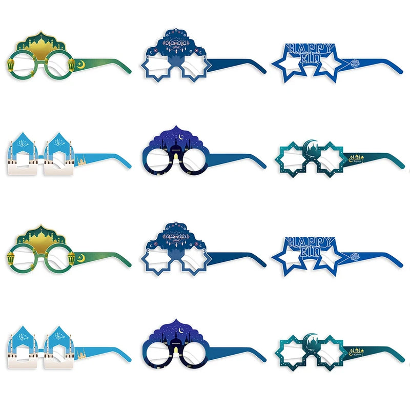 12/6pcs EID Mubarak Decoration Paper Glasses Frame Ramadan Islamic Muslim Photo Booth Props Kids Gift Eid Al Adha Party Supplies