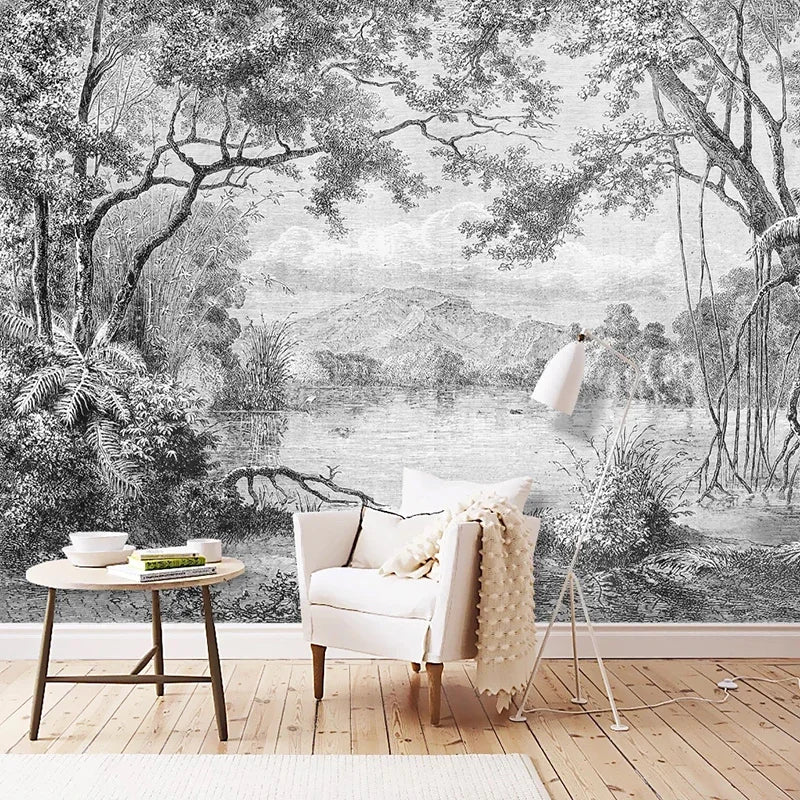 Custom Photo Wallpaper Black And White Forest Mural European Retro Hand Painted Line Rainforest Jungle Painting Papel De Parede