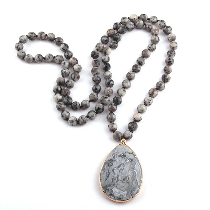 Fashion Bohemian Jewelry 8mm Stone Knotted Stone Drop Pendant Necklaces For Women Jewelry