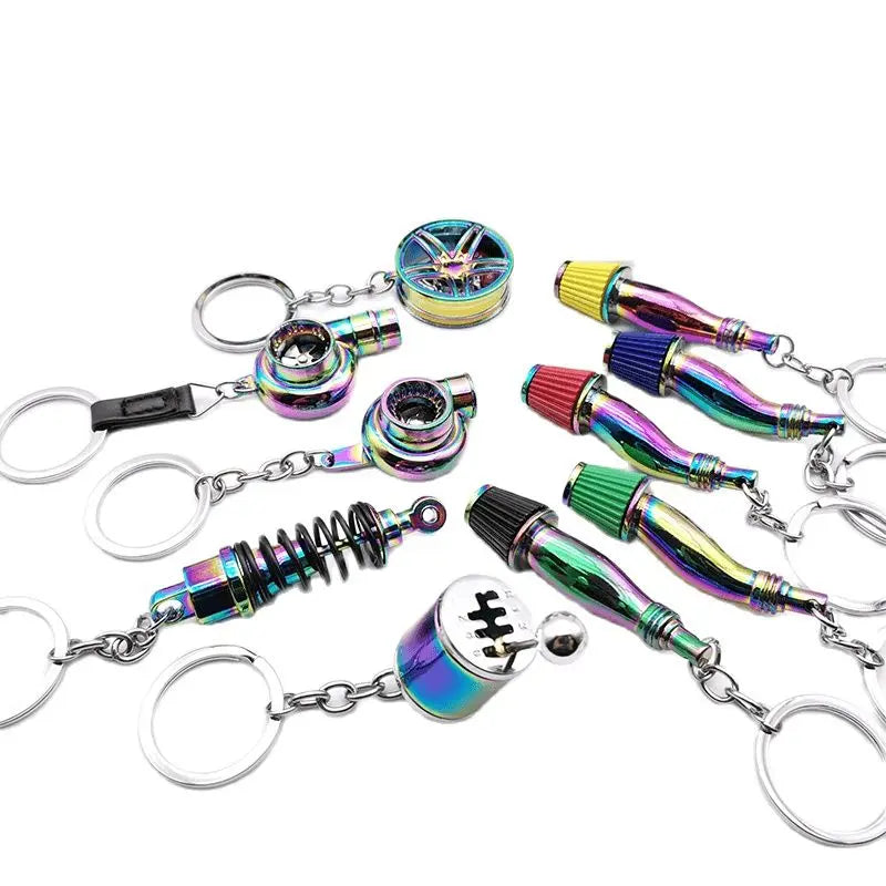 Car Parts Keychain NEO Chrome Metal Keyring Wheel Hub Nitrogen Gas Bottle Shock Absorber Key Chain Whistle Turbine Auto Interior