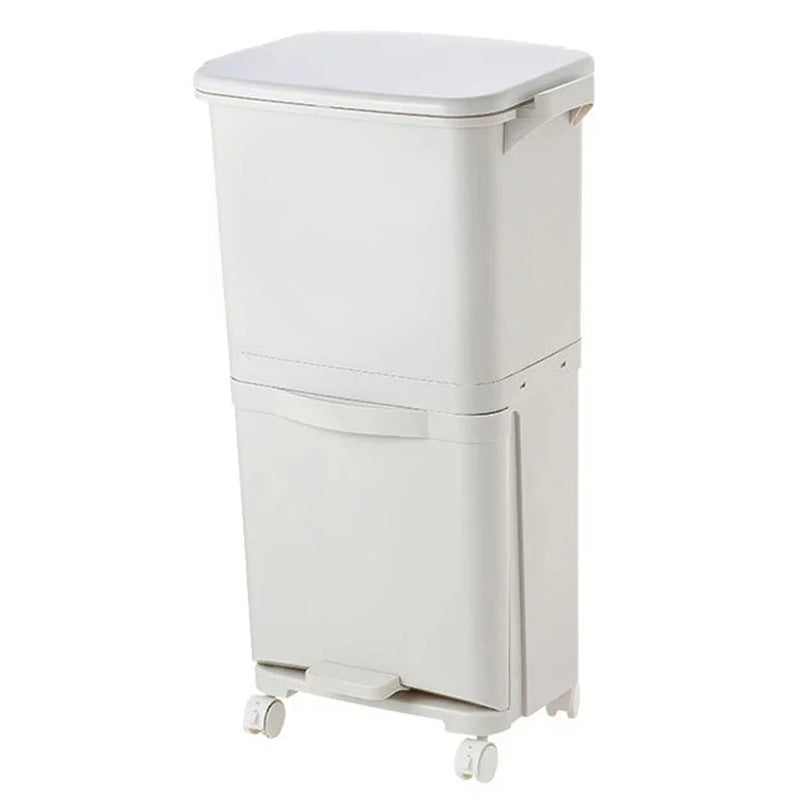 Voltsify 38L Double Compartment Trash Can with 4 Casters, White 2-Tier Design Waste Bin for Kitchen, 42x28.2x73cm
