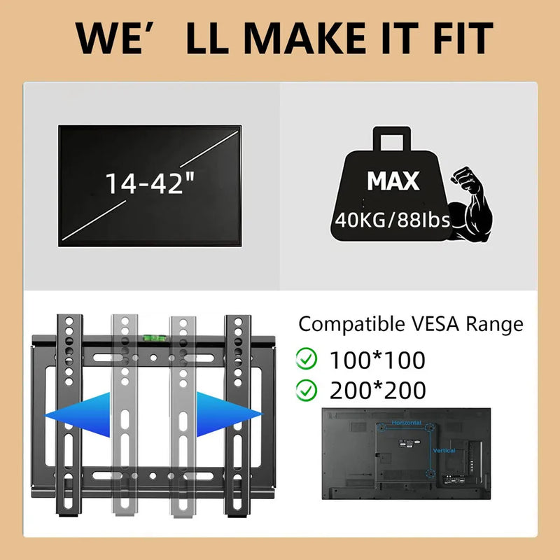 TV Wall Mount Bracket Low Profile Fixed for 14-42 Inch Flat Screen TVs & Monitors Universal TV Monitor Mount Max VESA 200x200mm
