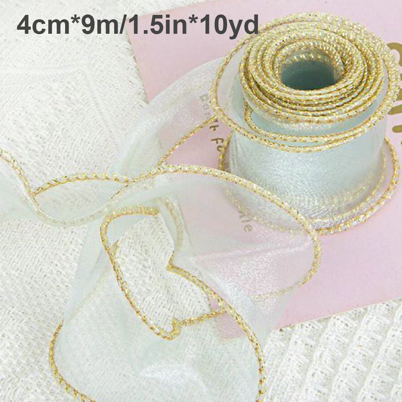 10Yards Sheer Wired Organza Ribbon With Golden Edge Chiffon Ribbon for Wedding Birthday Gift  Bouquet Wrapping DIY Decorations