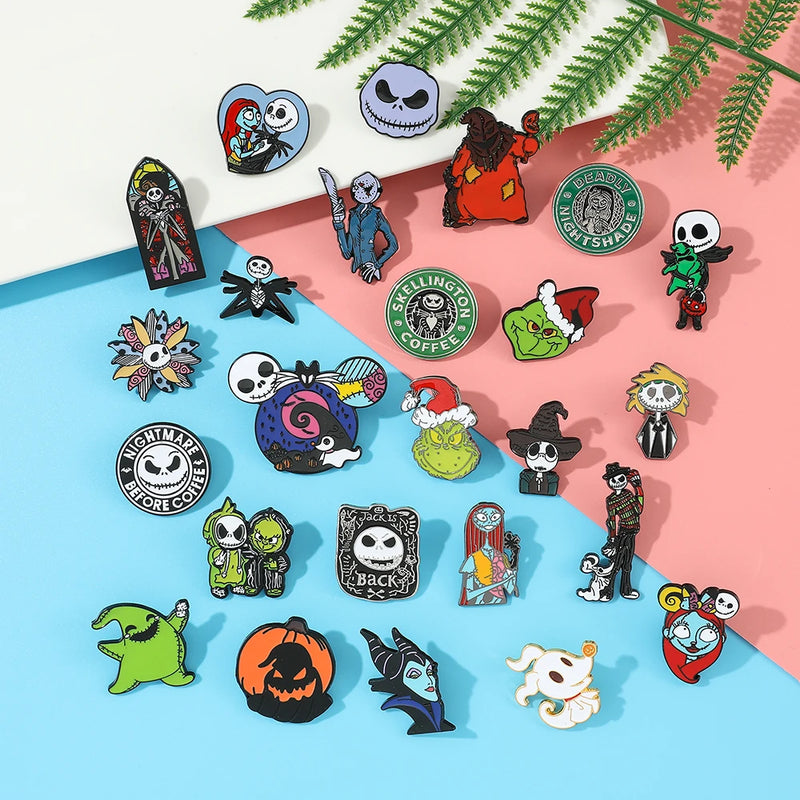 6 Pcs Terror The Nightmare Before Christmas Brooch Cartoon  Jack Skellington Sally Maleficent Enamel Pin Metal Badge Jewelry