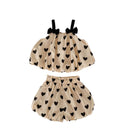 Summer 2PCS Heart Print Cotton Baby Girls Suits Sleeveless Bow Double Layer Apricot Strap Top Toddler Shorts Set, Versatile