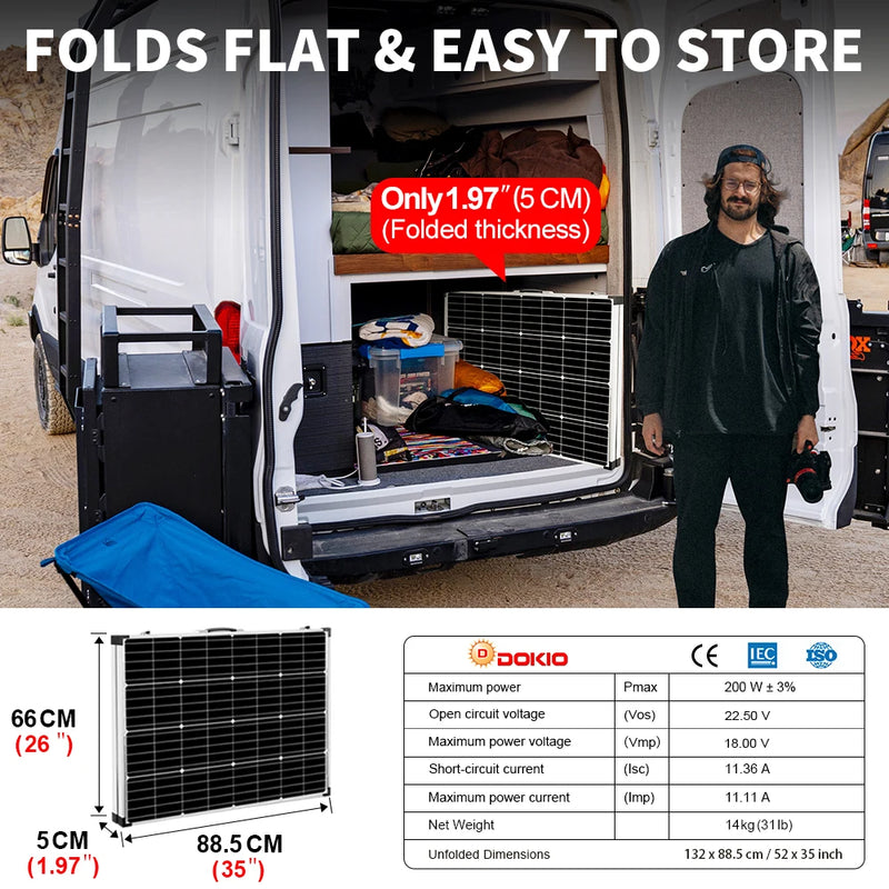 DOKIO 100W/160w/200w 18V Glass Folding Monocrystalline Waterproof Solar Panel with 12V Controller Kit from China