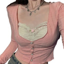 Lamuusaa y2k Crop Top Sweet Aesthetic Clothes Women Lace Patchwork Long Sleeve T Shirt with Bow Decor 2000s Clothing Streetwear