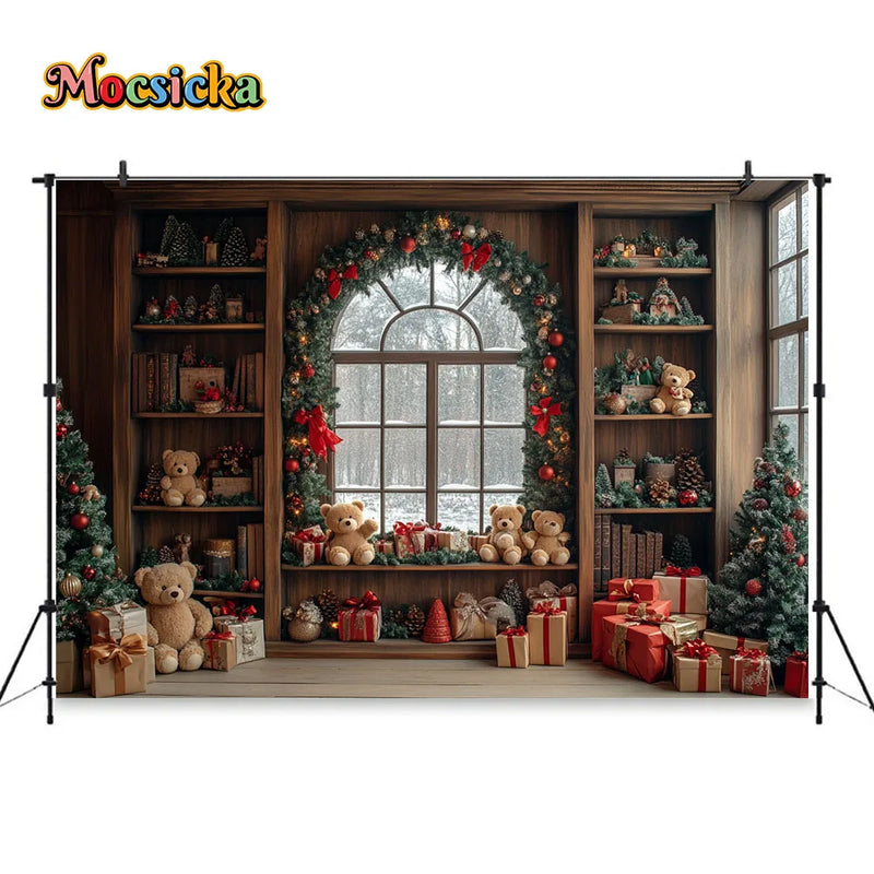 Christmas Toy Bear Gift Room Background Photography Kids Baby Show Wooden Bookshelf Window Backdrop Winter Xmas Tree Gift Booth