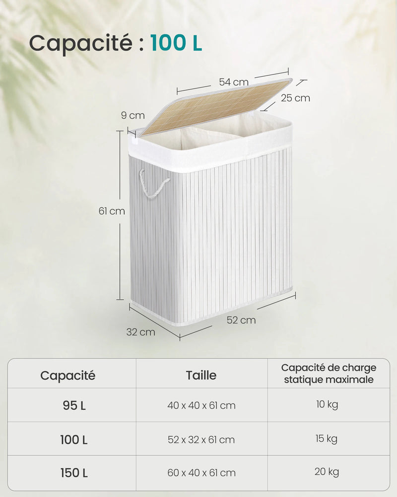 SONGMICS - Laundry Basket with Lid - Bamboo Laundry Basket with 2 Sorting Compartments, Removable Bag, Cotton Handles