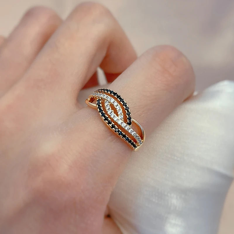 585 Rose Gold Color Rings For Women With White Black Natural Zircon Full Paved SYOUJYO Luxury Trendy Jewelry Easy Matching