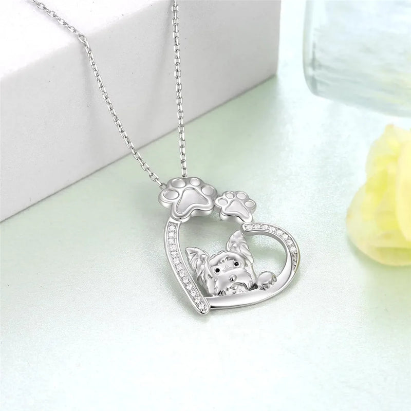 Creative Cute Dog Paw Heart Shaped Yorkshire Pendant Necklace for Women Fashion Animal Pet Jewelry Accessories Dog Lovers Gift