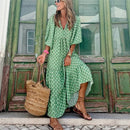 Puff Sleeve Boho Maxi Dress Women Summer Fashion V Neck Floral Splicing Half Sleeve Dress Female Loose Ankle-Length Beach Dress