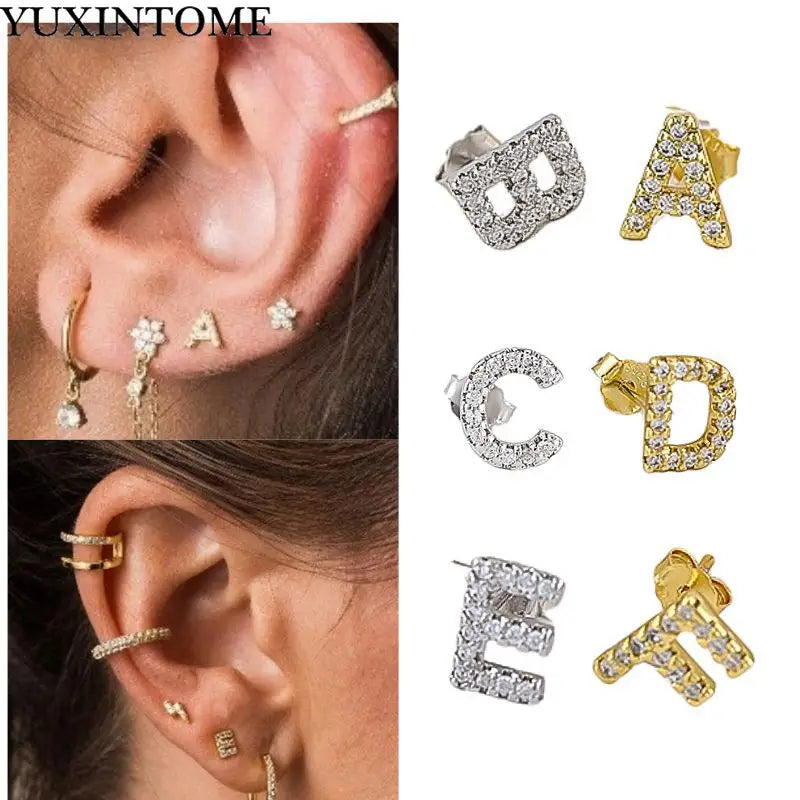 Simple Metal 925 Sterling Silver Ear Needle 26 Letters Small Earrings Zircon Exquisite Letter Earrings Cute Girls Jewelry Gifts