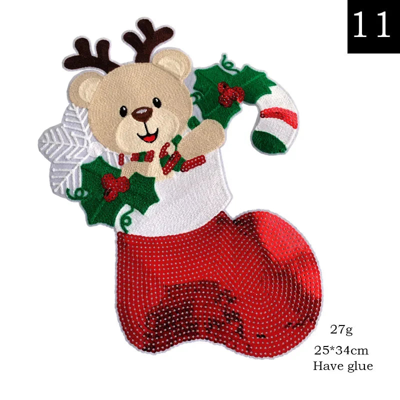 Big Sequined Christmas Appliques Bear Reindeer Santa Snow Tree Cartoon Iron on Patches Festival Decorative Stickers for Clothing