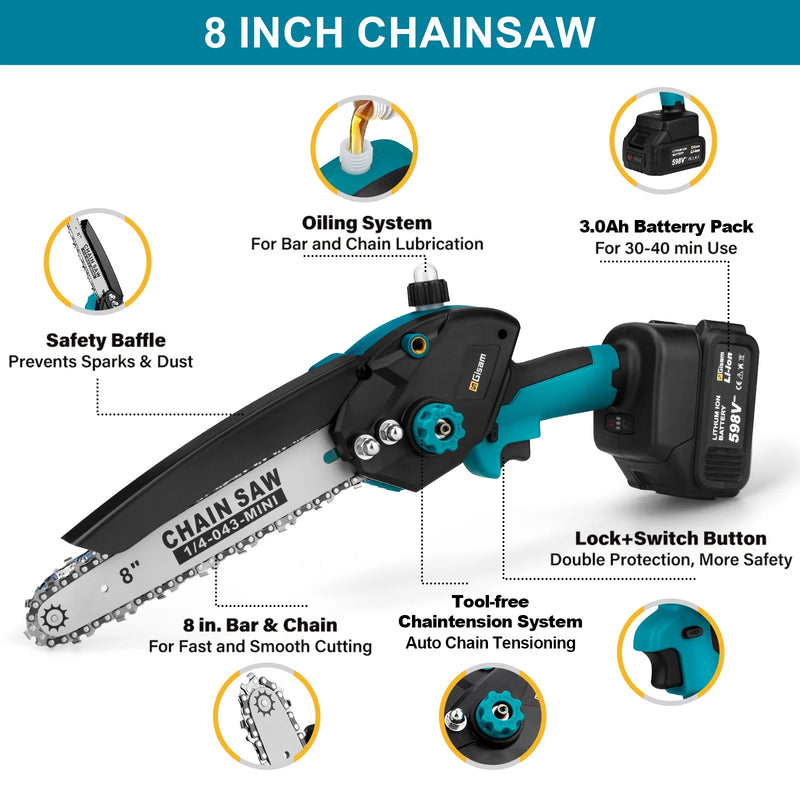 Cordless Electric Chainsaw Brushless Battery Chain Saw 8 INCH Saw Garden Branch Tree Logging Cutting Power Tool for Makita 18V