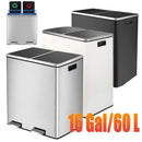 Brushed Stainless Steel 60L/16Gallon Rectangular Hands-Free Dual Compartment Recycling Kitchen Step Trash Can w/ Soft-Close Lid