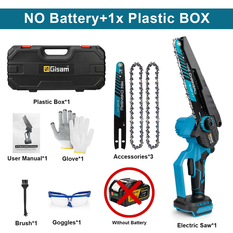 Gisam 8 Inch Brushless Electric Chainsaw Cordless Electric Saw Woodworking Garden Pruning Saw Tool For Makita 18V Battery Pins
