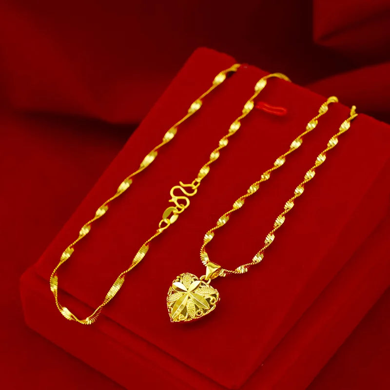 HOYON Coating Gold 18k Necklace For Women Wedding Jewelry Hollow Love Heart Pendant Waterwave Chain Neck Collar For Bridals