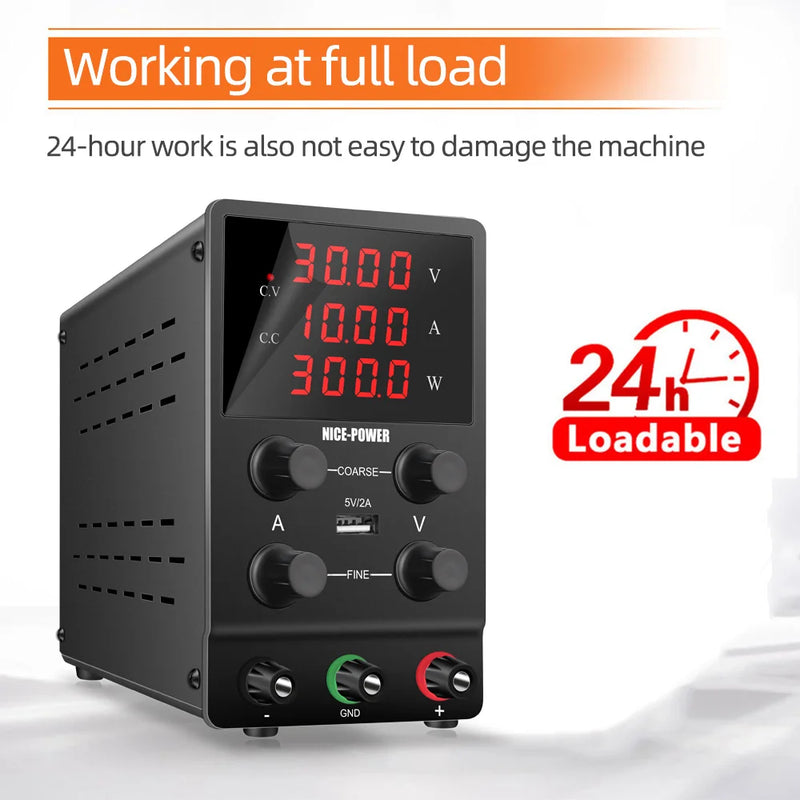 Nice-power 30V 10A Lab Adjustable DC Power Supply with 4-Digit LED Display; USB-A Fast Charge with Potentiometer; Bench source