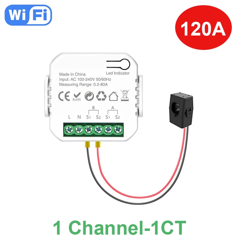 Tuya Smart Life WiFi Energy Meter 80A Bidirectional 2 Channel with Clamp App Monitor Solar Export and Import Power AC110V/240V