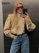 Fashion Stand Collar Short Jacket Women Long Puff Sleeve Single-breasted Pleated Women's Coat 2025 Autumn Lady Outwears Street