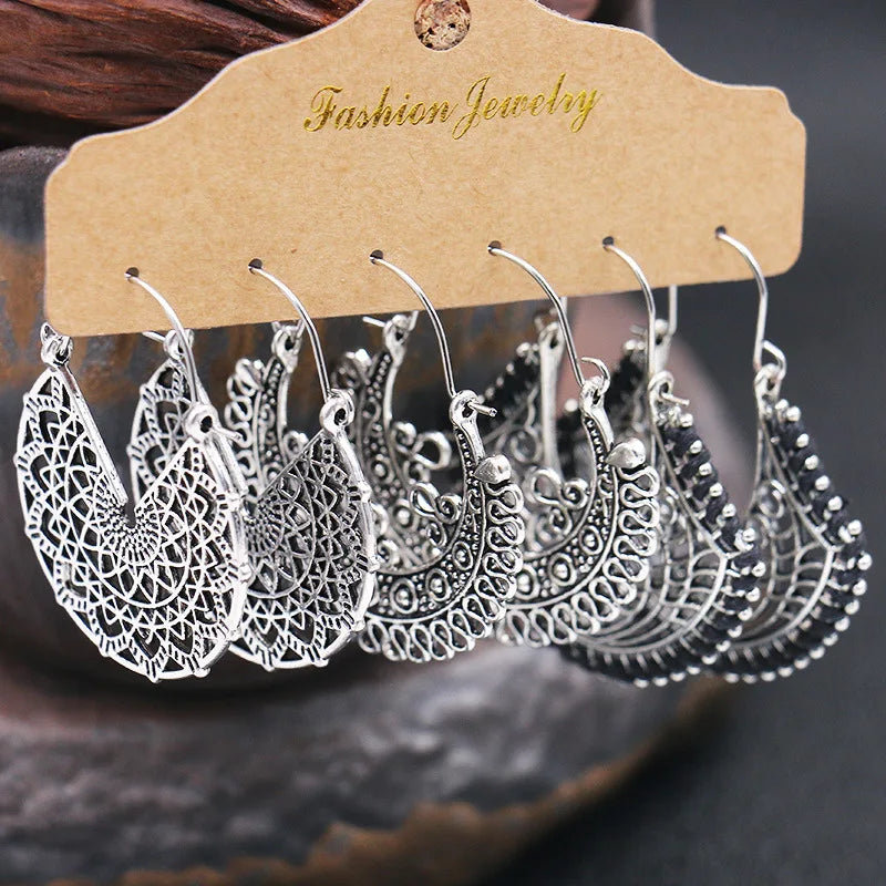 Vintage Ethnic Tassel Earrings Set For Women Bohemian Geometric Crystal Round Water Drop Dangle Earring Female Jewelry Gift