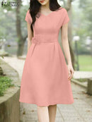 ANZEA 2025 Women Summer Work OL Midi Dresses Elegant V Neck Short Sleeve Dress Fashion Solid A Line Party Sundress Vestidos Robe