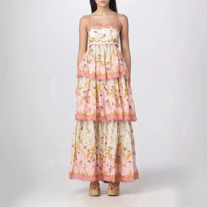 2024 New French Floral Suspender Dress for Women Summer New Style Backless Straps Waist Slimming Cake Long Skirt Print