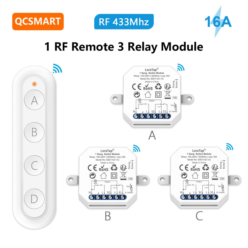 QCSMART Wireless RF 433Mhz 110-220V 16A Light Swich Relay Module Small Device with 4 Button Remote Controller