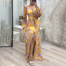 Printing Ladies Long Dress Gathering Pleated Long Sleeved Maix Dresses For Womens Wedding Guest High Slit Cocktail Party Dress
