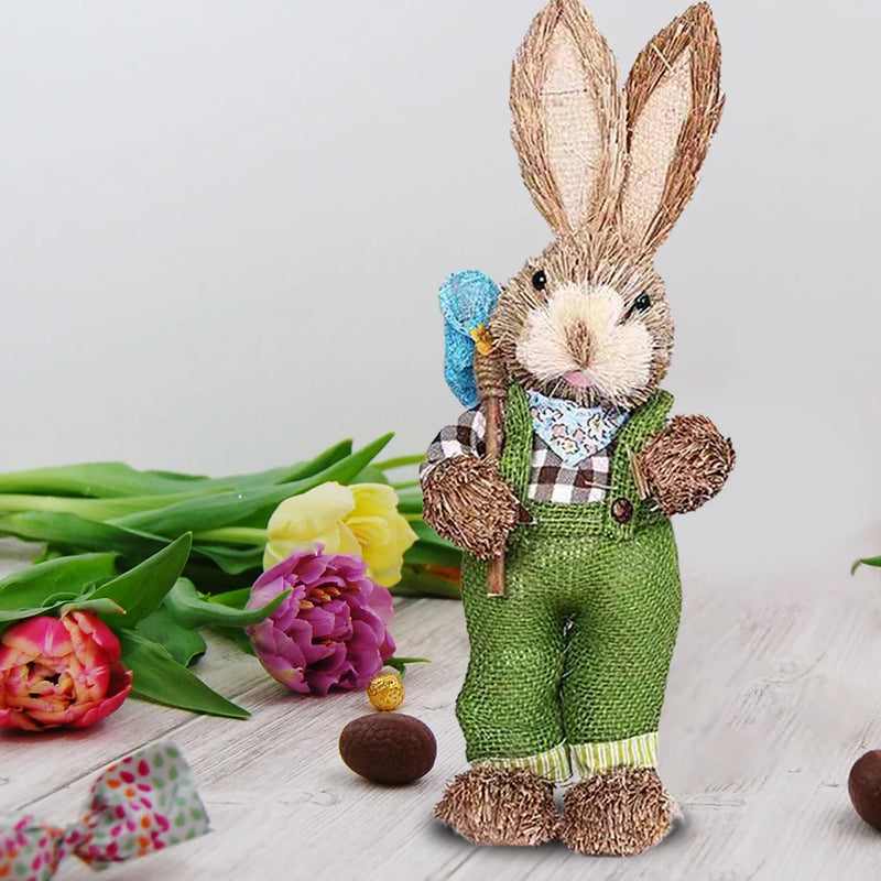 Cute Straw Rabbits Bunny Standing Decorations w/Carrots for Easter Party Home Garden Wedding Ornament Photo Props Crafts