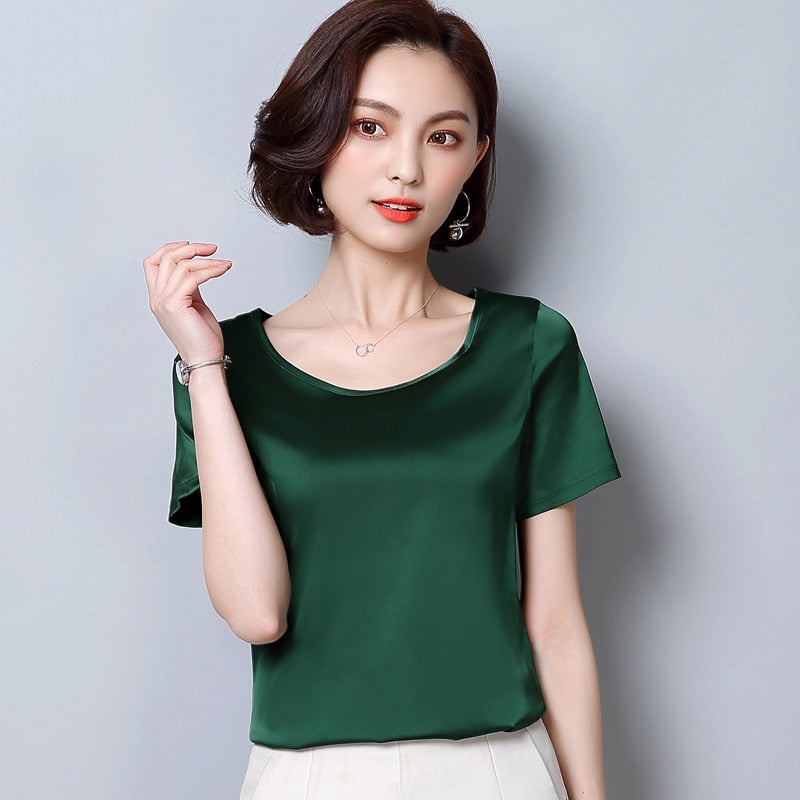 womens tops and blouses 2023 women shirts casual Silk O-neck sling top satin short sleeve stretch Solid blouse 2126 50