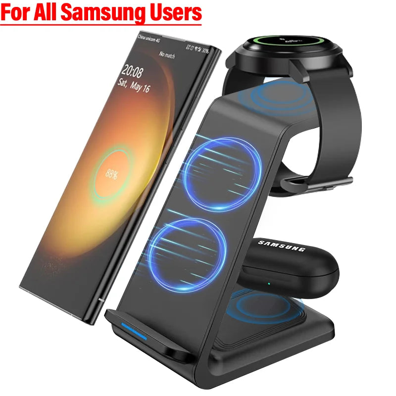 3 In 1 Fast Wireless Charger Stand Desktop Phone Charging Station for Samsung S23 S22 S21 Z Flip Galaxy Watch 5 4 3 Active Buds