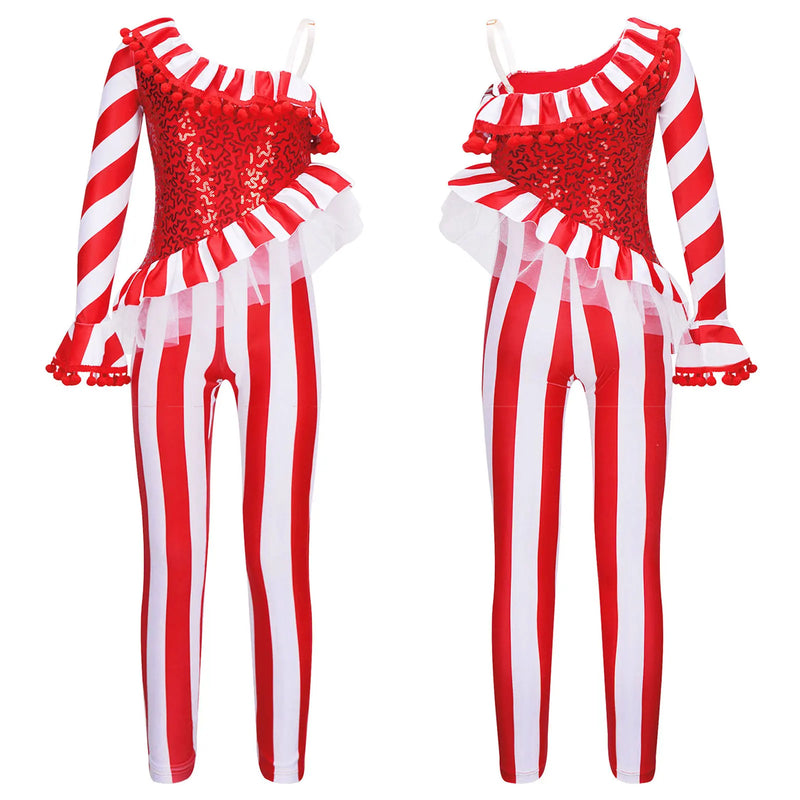 Kids Girls Christmas Jumpsuit Ballet Gymnastics Leotard Sequin One Shoulder Striped Bodysuit Halloween Circus Cosplay Costume