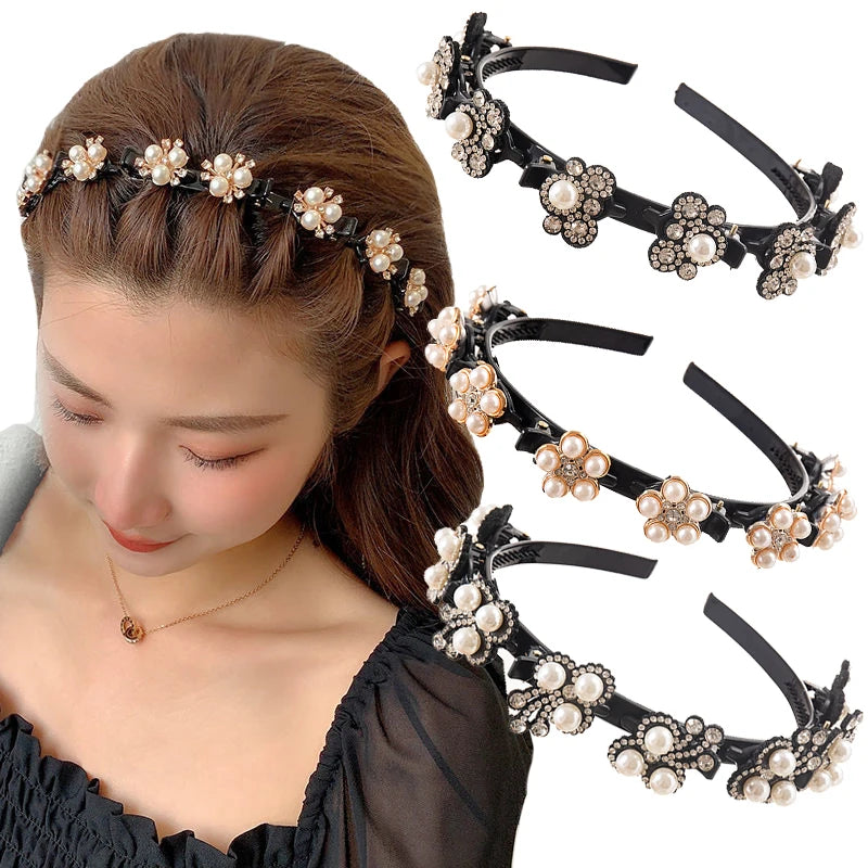 Pearl Flowers Hairpin Hairbands for Women Non-Slip Headband Rhinestones Hair Bands Clips Hairstyle Double Bangs Hair Accessories