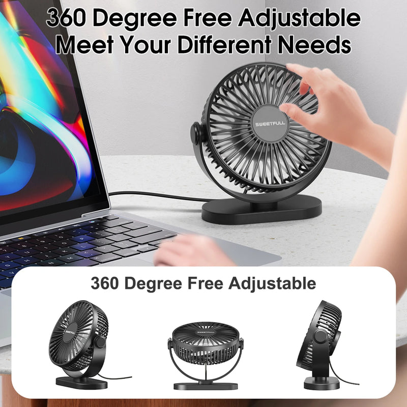 Mini Portable Fan USB Desk Fan Table Strong Airflow &Quiet Operation 3 Speed Wind 360°Rotatable Standing fans for Room Home