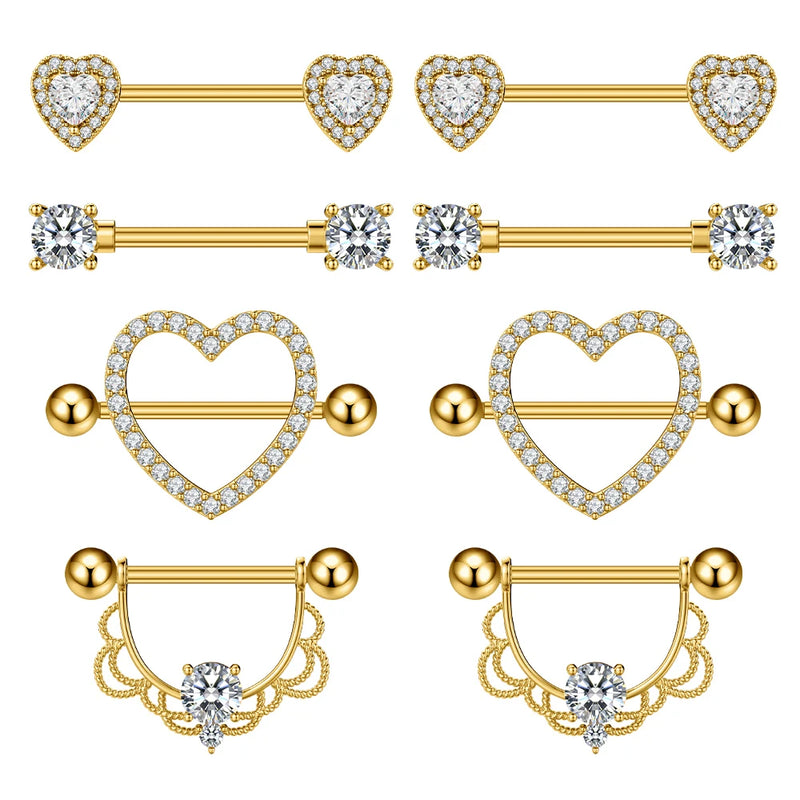 4Pairs Gold Color Butterfly Heart Flower Nipple Ring Sets 14G Stainless Steel Dangled Shield Barbell for Women Nipple Piercing