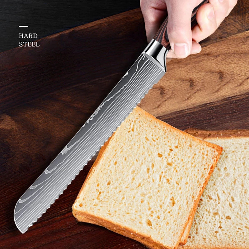 8 Inches Bread Knife Chef Cut Meat Cheese Toast Fish Fruit Knife Laser Damascus Knives Wooden Handle Professional Kitchen Knives