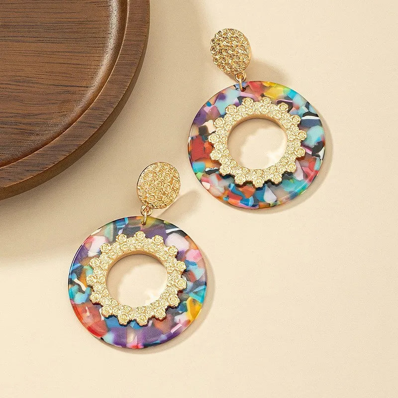 Bohemian New In Personality Simple Fashion Earrings For Women Color Acetic Acid Round Eardrop Acrylic Embossed Pattern Jewelry