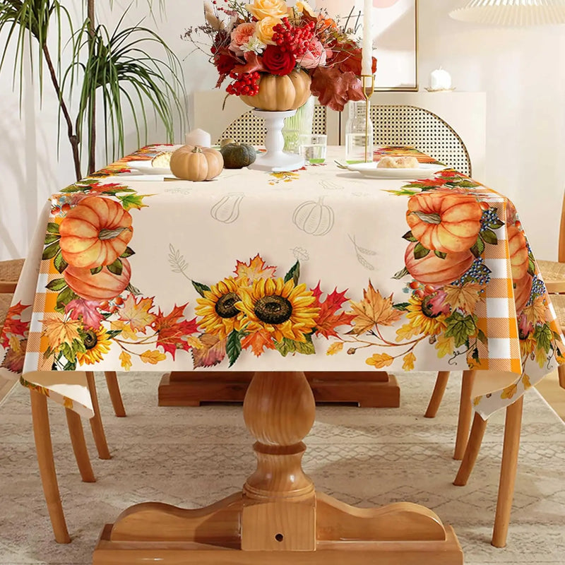 Thanksgiving Fall Pumpkins Maple Leaves Buffalo Plaid Tablecloths Autumn Orange Sunflower Table Cloth Kitchen Dining Table Decor