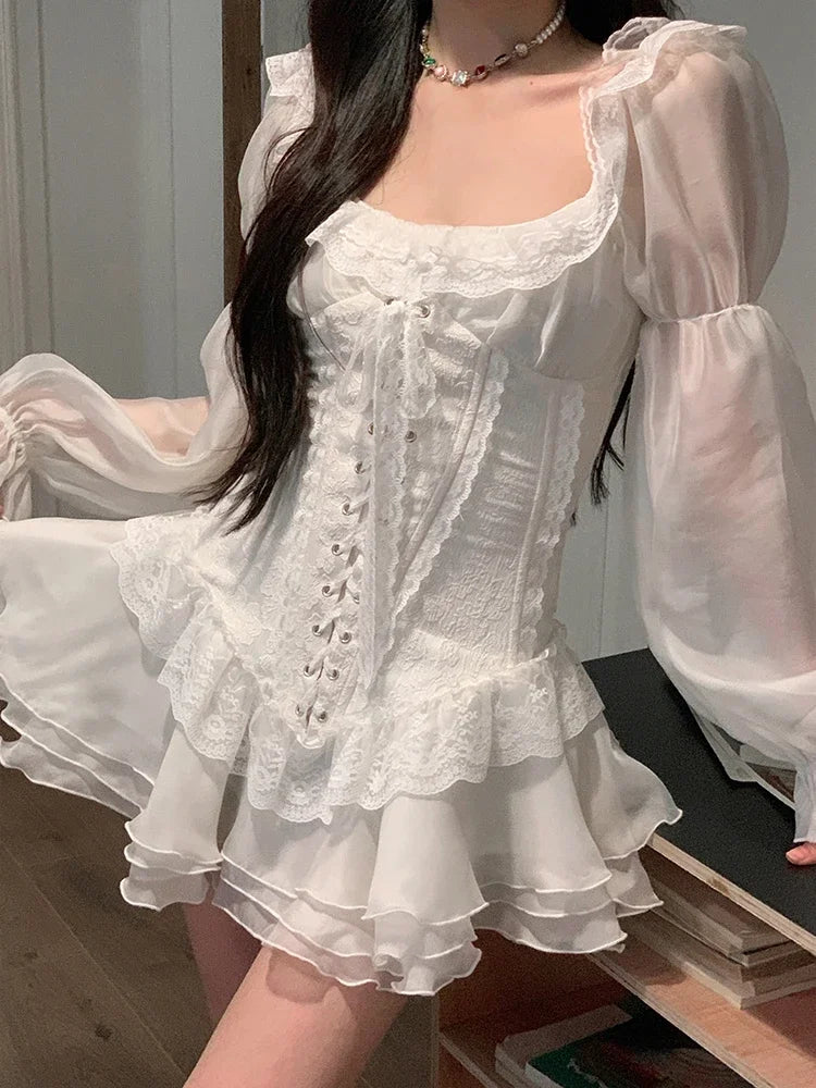 White French Elegant Evening Party Dress Women Casual Sexy Lace Puffed Sleeve Short Robe Summer Korean Y2k Sweet Mini Dress Chic