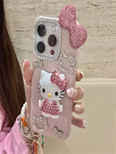 Premium Cute Hello Kittys Full Rhinestones Bow Tie Phone Case Stylish Phone Accessories for iPhone 16 15 14 13 Pro Max Cover