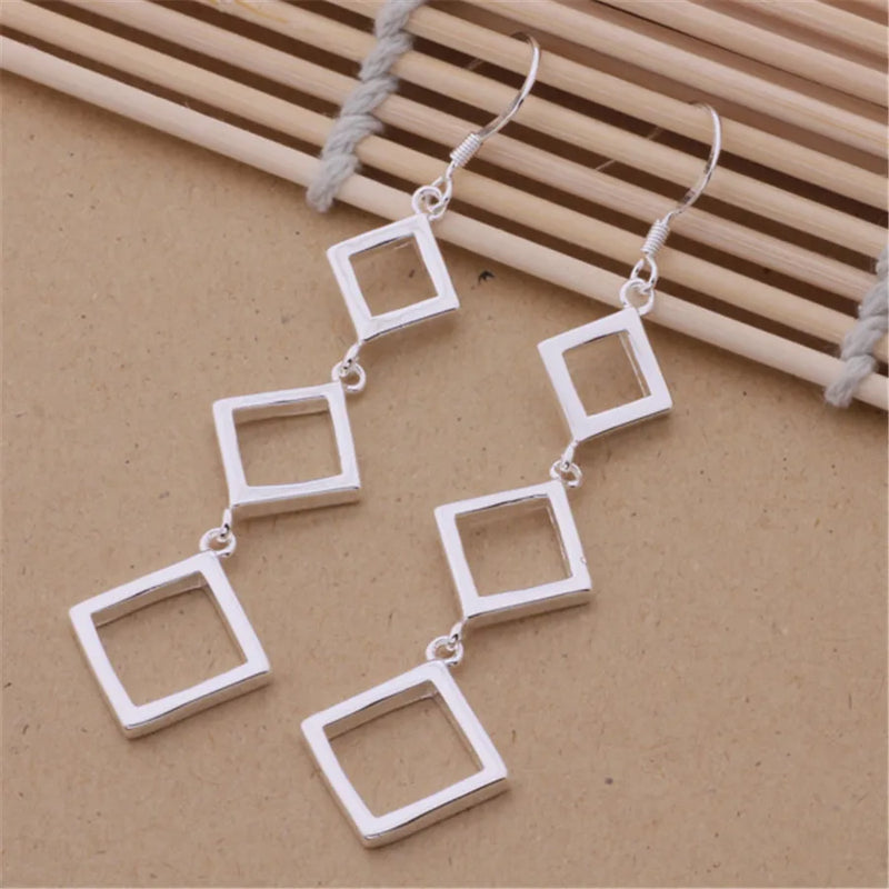 Fashion 925 Sterling Silver Square rhombus long earrings for women luxury designer jewelry party wedding accessories gifts