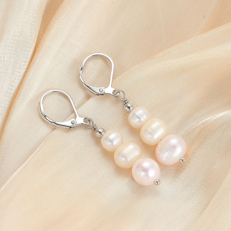 New Fashionable Baroque Freshwater Pearl Earrings. Simple, Elegant And Versatile Long Three-bead Earrings.