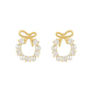 Round Wreath Bow Pearl Stud Earrings Elegant Trend Fashion Korean Women Jewelry Simple Pearl Stud Earrings Small Zircon Ear Clip