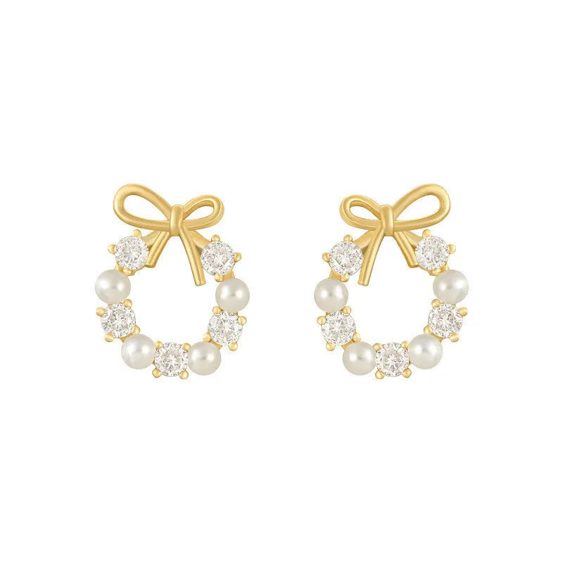 Round Wreath Bow Pearl Stud Earrings Elegant Trend Fashion Korean Women Jewelry Simple Pearl Stud Earrings Small Zircon Ear Clip