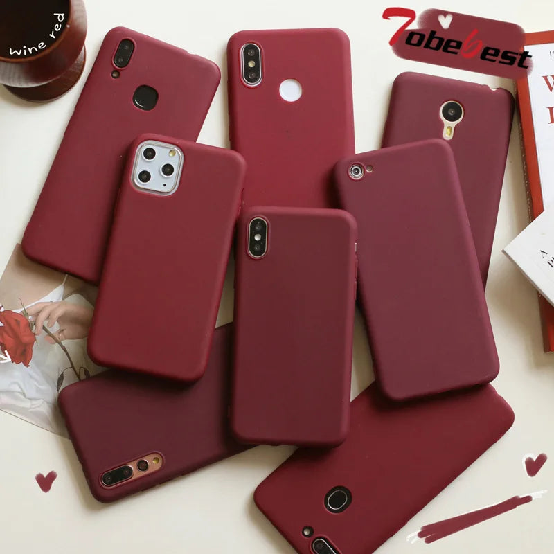 Wine Red Matte Phone Case For iphone 14 13 12 11 Pro XS Max XR X 8 7 6S 6 Plus SE 5 5S Silicone Cases Solid Color Soft TPU Cover